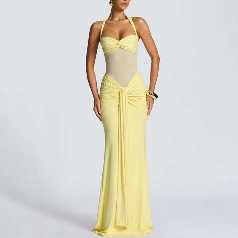 Halterneck Mesh Splicing Streamer Long Dress