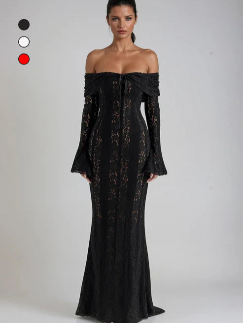 Lace Hollow One Shoulder Trumpet Sleeve Bodycon Dress