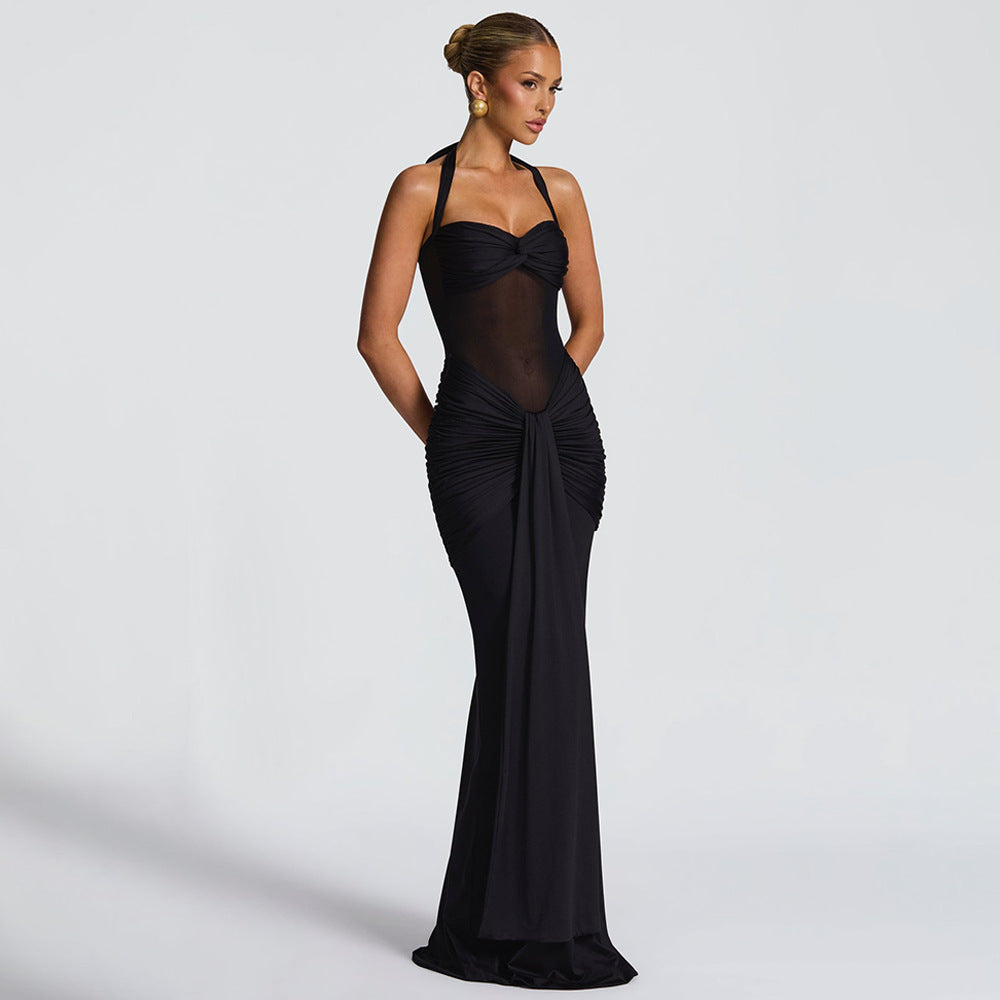 Halterneck Mesh Splicing Streamer Long Dress