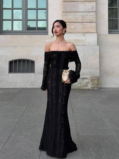 Lace Hollow One Shoulder Trumpet Sleeve Bodycon Dress