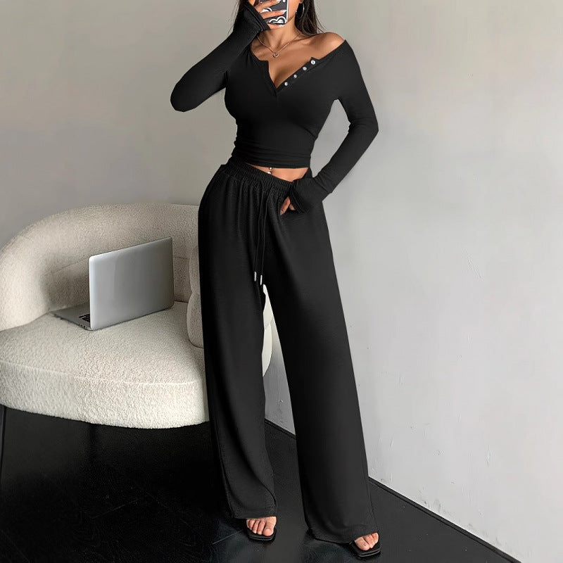 Womens V-Neck Buttoned Long Sleeve Pants