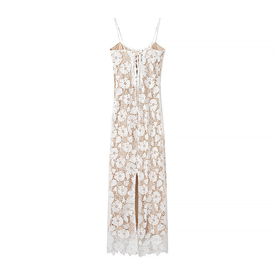 Women's Lace Strap Midi Dress with Side Slit