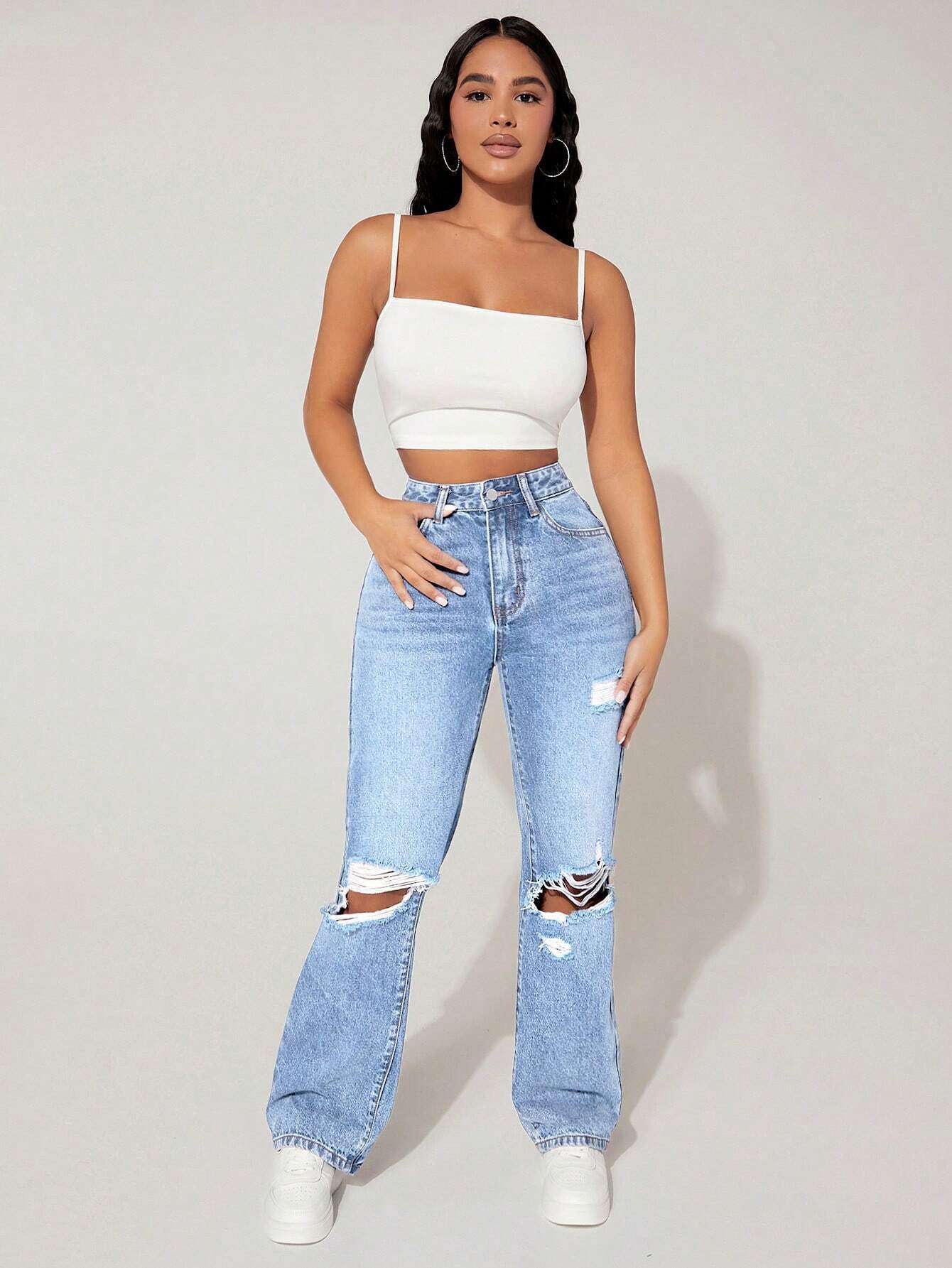 Women's High Waist Straight Leg Denim Pants