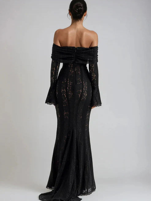 Lace Hollow One Shoulder Trumpet Sleeve Bodycon Dress