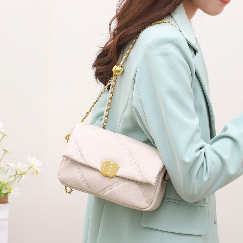 Women's Genuine Leather Small Square Crossbody Bag with Gold Chain