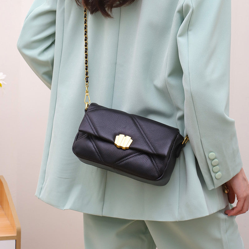 Women's Genuine Leather Small Square Crossbody Bag with Gold Chain