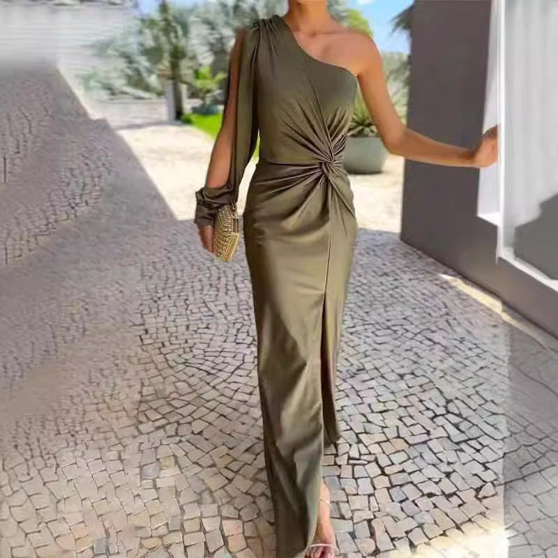 Slanted Shoulder Knot Split Slim Fit Dress