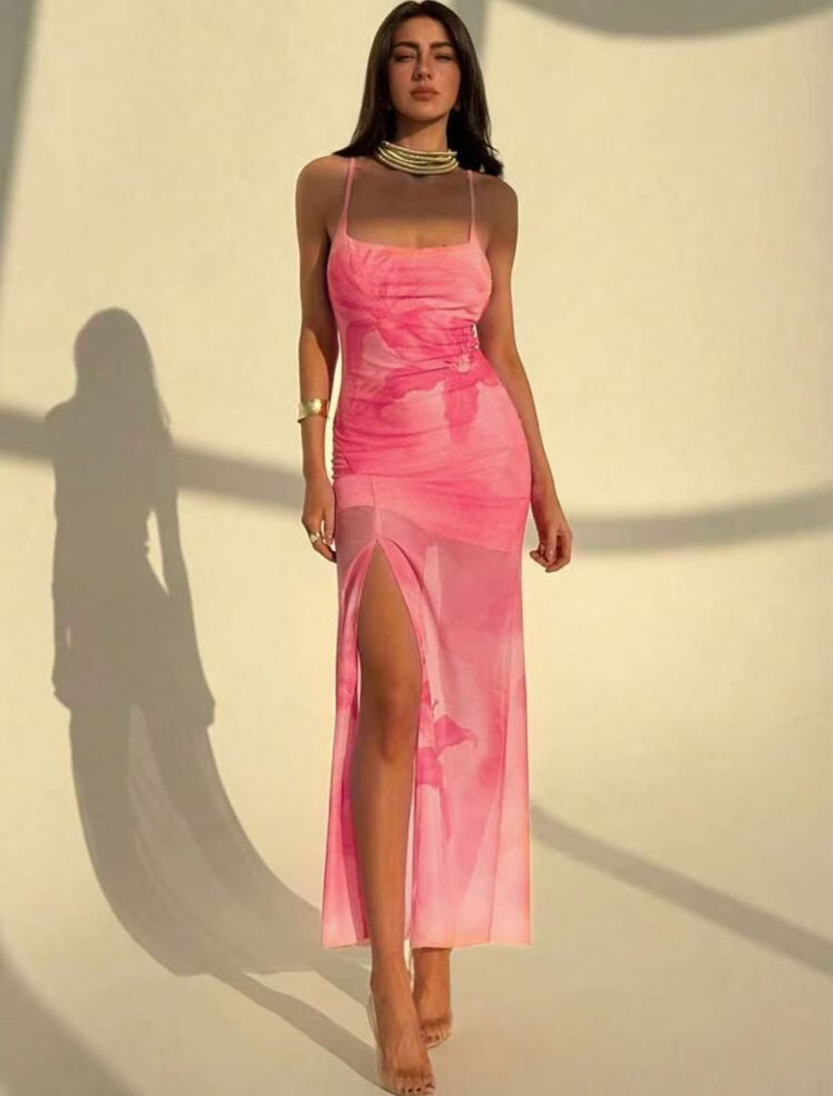 Women's Pleated Print Tulle Slip Dress