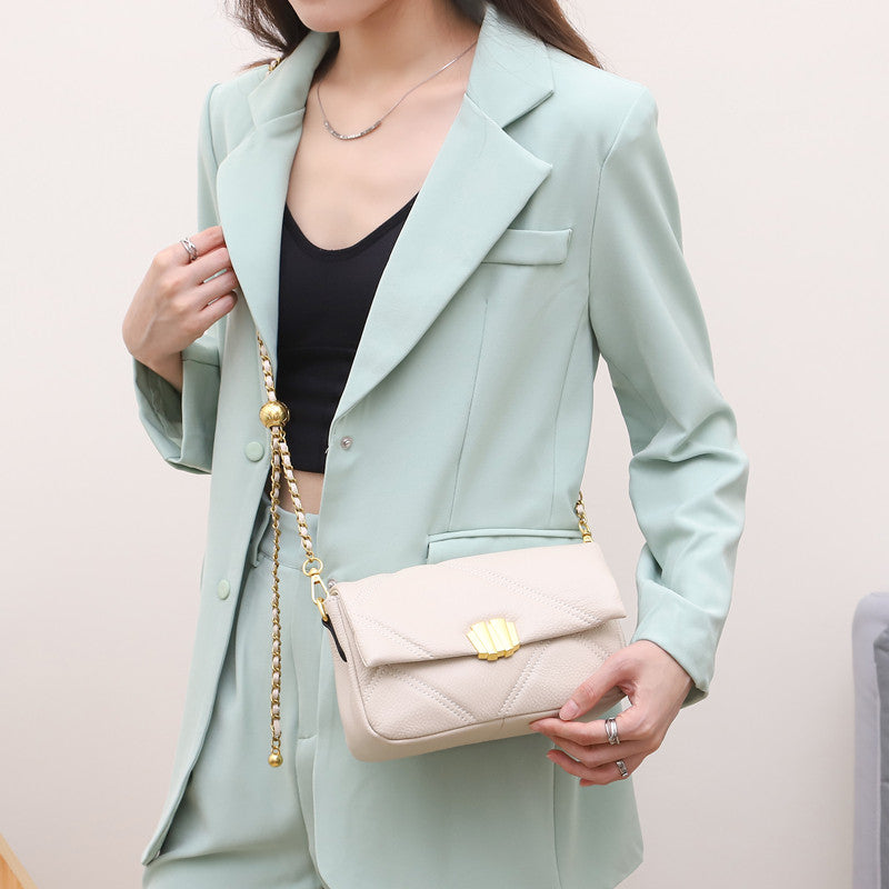 Women's Genuine Leather Small Square Crossbody Bag with Gold Chain