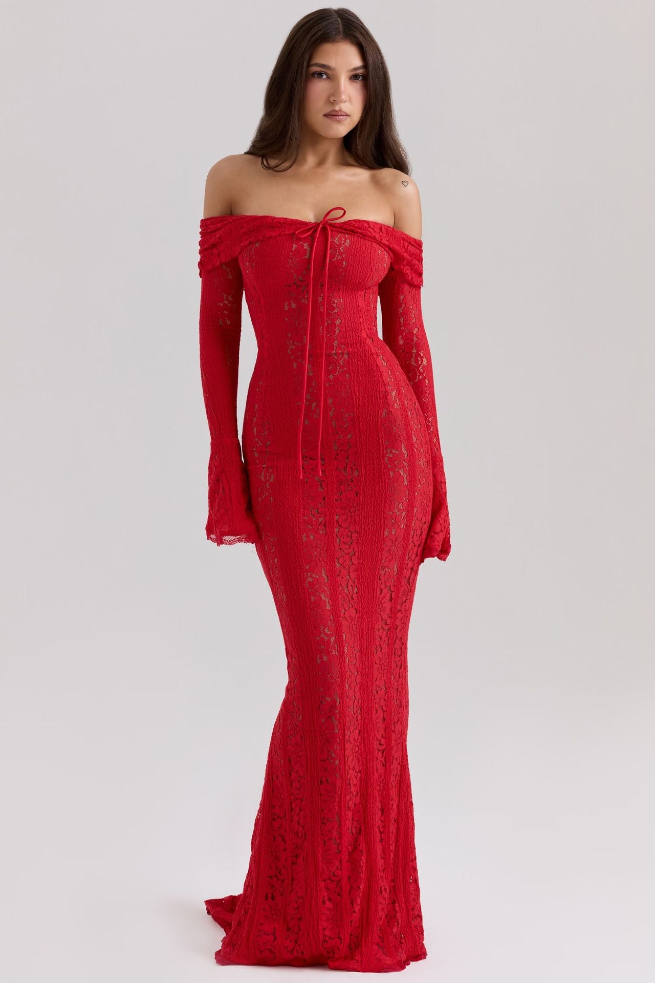 Lace Hollow One Shoulder Trumpet Sleeve Bodycon Dress