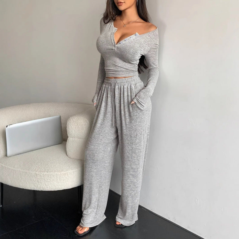 Womens V-Neck Buttoned Long Sleeve Pants