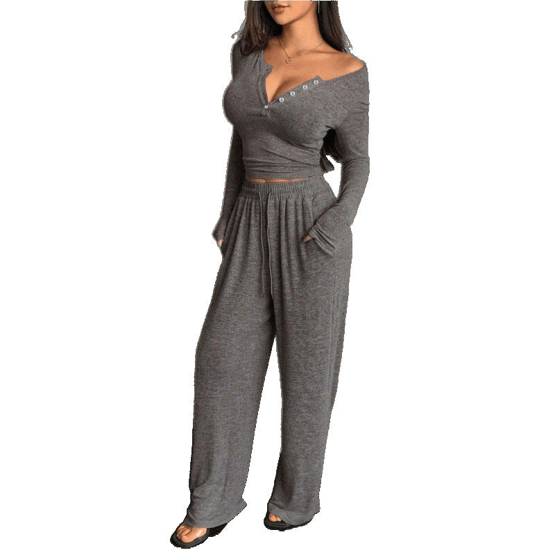 Womens V-Neck Buttoned Long Sleeve Pants