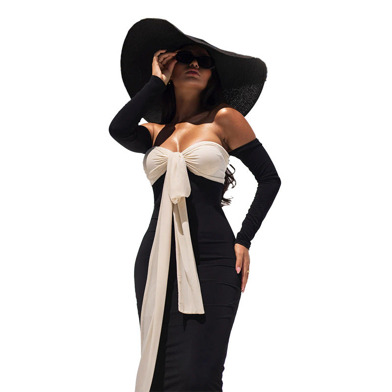 Off-Shoulder Bodycon Long Dress with Bow