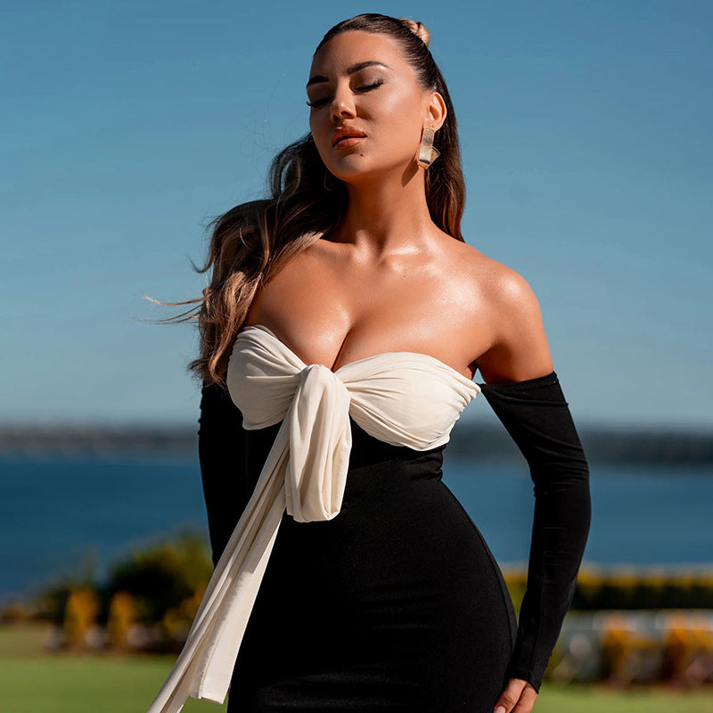 Off-Shoulder Bodycon Long Dress with Bow