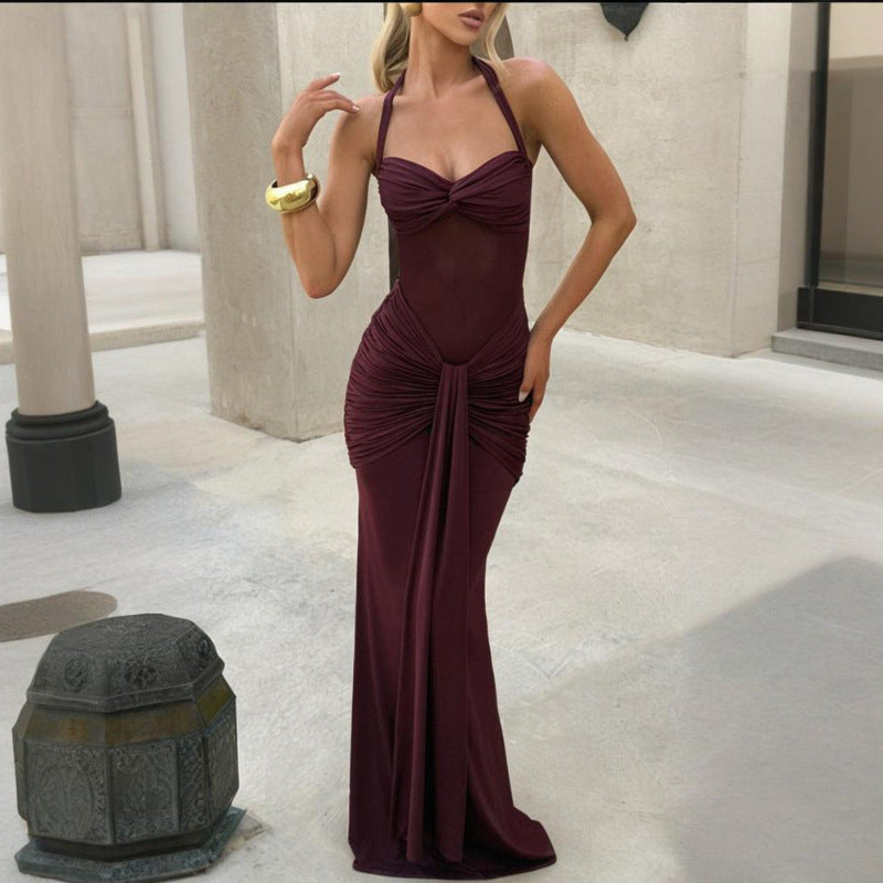 Halterneck Mesh Splicing Streamer Long Dress