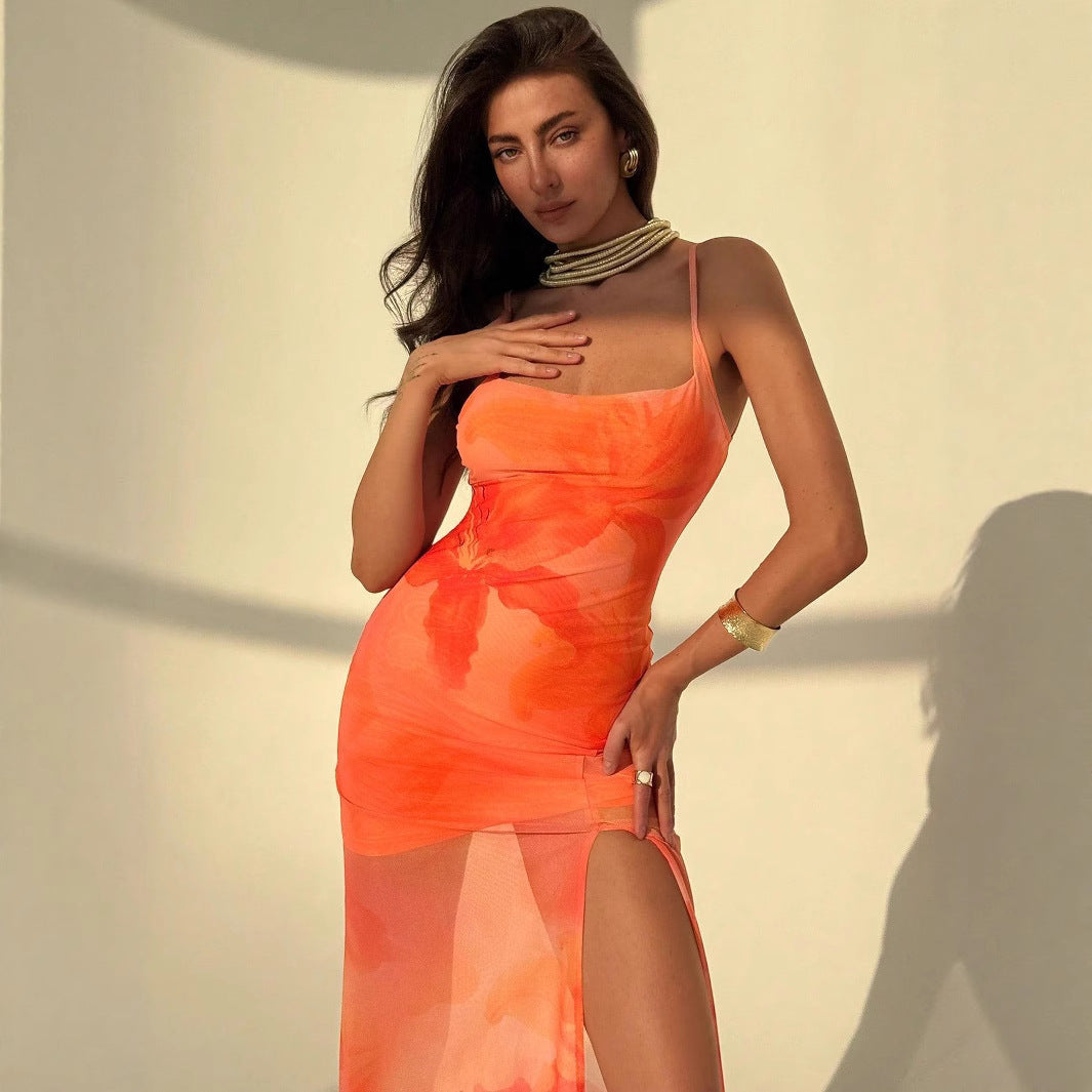 Women's Pleated Print Tulle Slip Dress