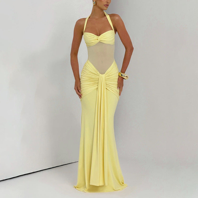 Halterneck Mesh Splicing Streamer Long Dress
