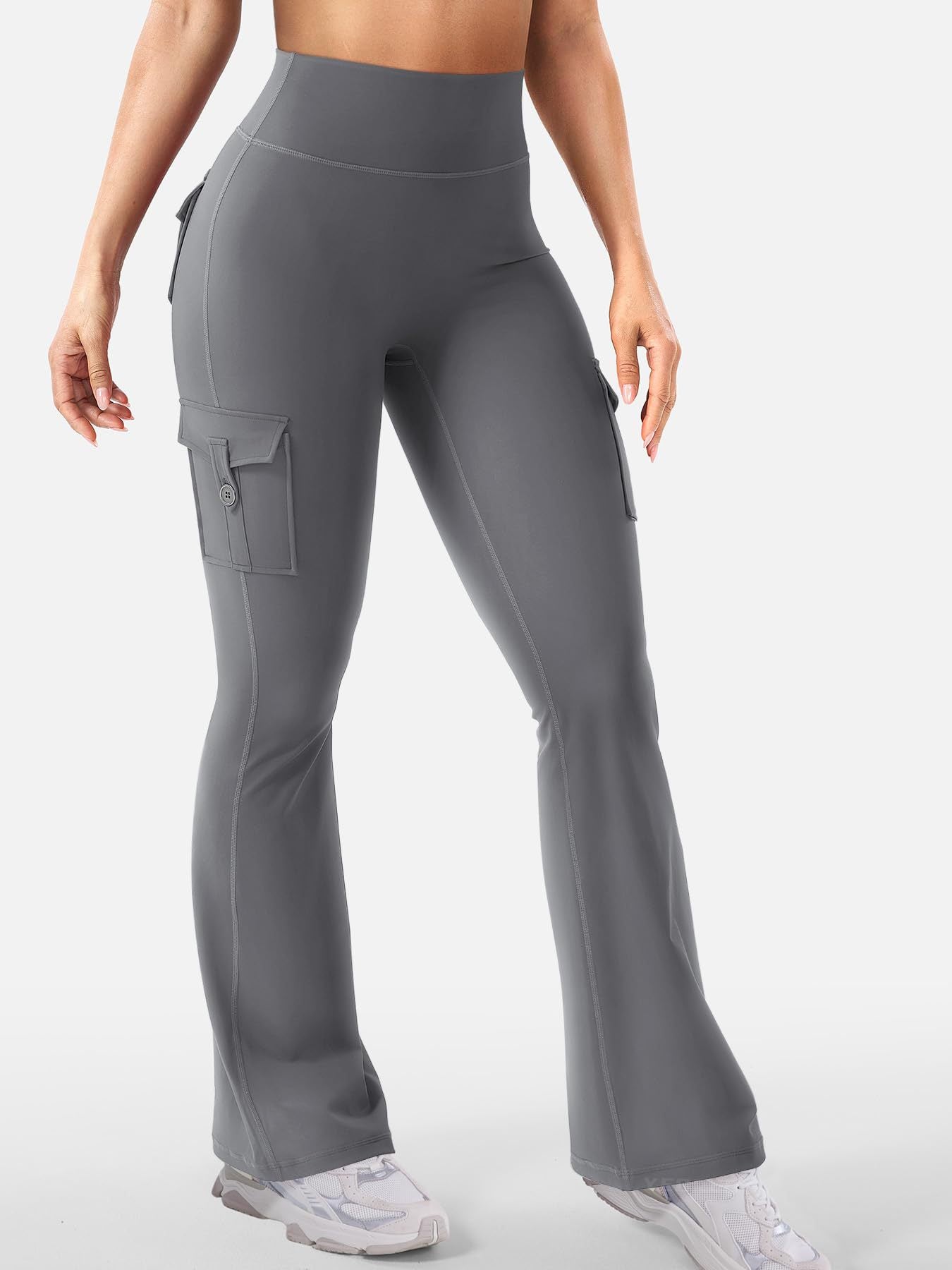 Women Cargo Pocket Flared Yoga Pants Tummy Control Fitness Leggings