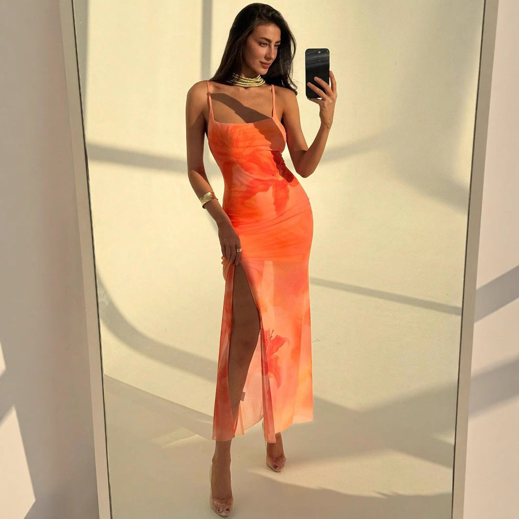 Women's Pleated Print Tulle Slip Dress