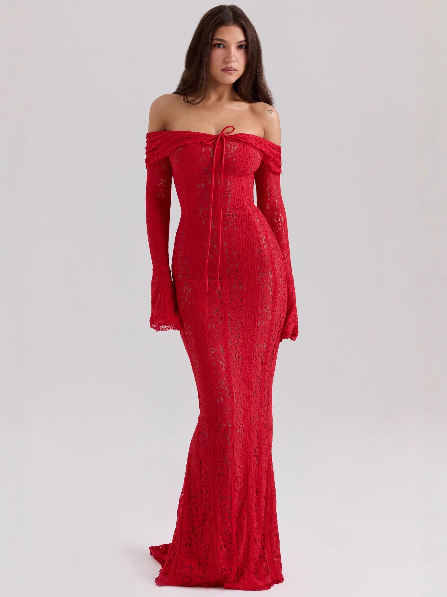 Lace Hollow One Shoulder Trumpet Sleeve Bodycon Dress