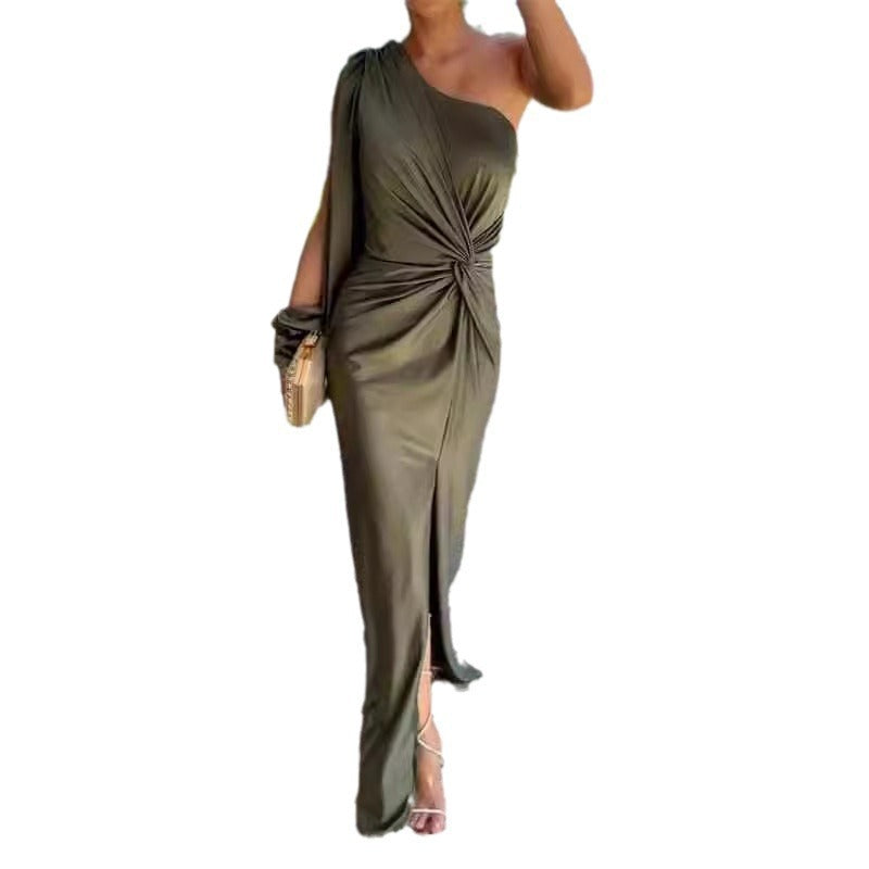 Slanted Shoulder Knot Split Slim Fit Dress