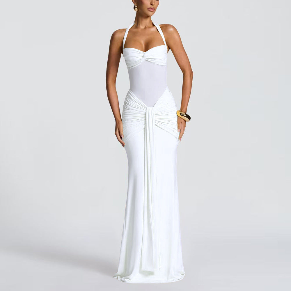 Halterneck Mesh Splicing Streamer Long Dress