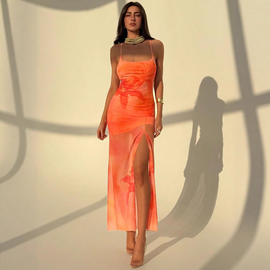 Women's Pleated Print Tulle Slip Dress