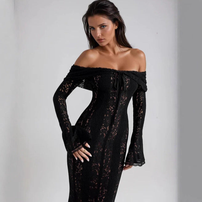 Lace Hollow One Shoulder Trumpet Sleeve Bodycon Dress