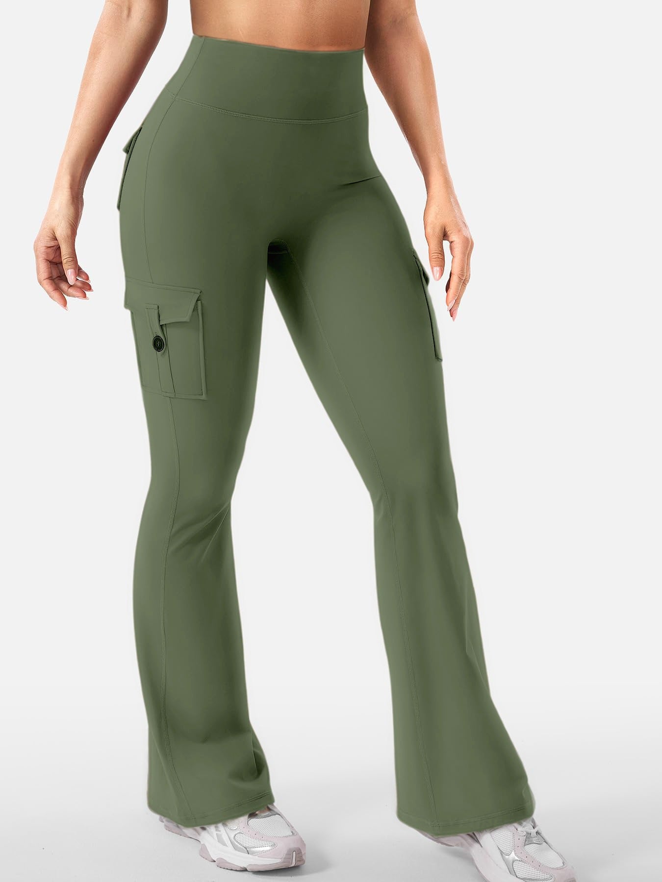 Women Cargo Pocket Flared Yoga Pants Tummy Control Fitness Leggings
