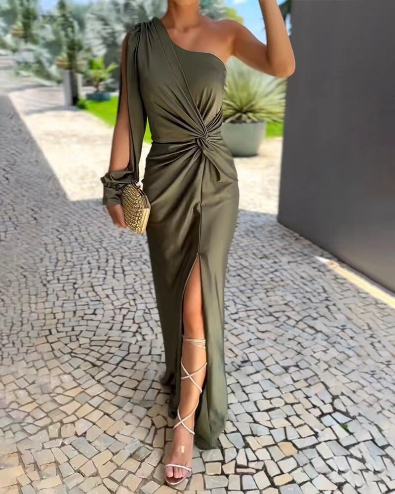 Slanted Shoulder Knot Split Slim Fit Dress
