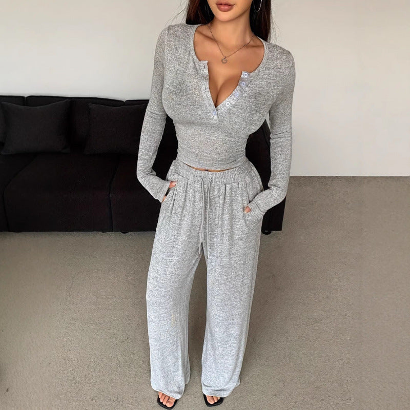 Womens V-Neck Buttoned Long Sleeve Pants
