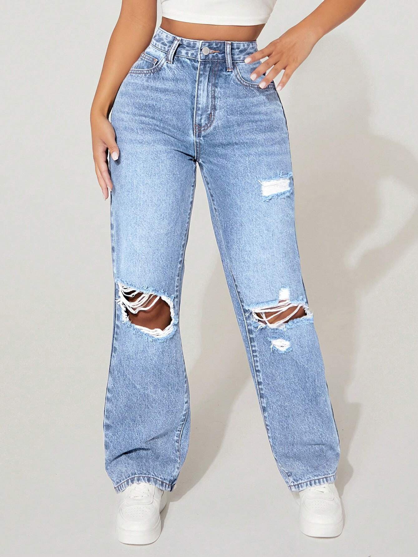 Women's High Waist Straight Leg Denim Pants