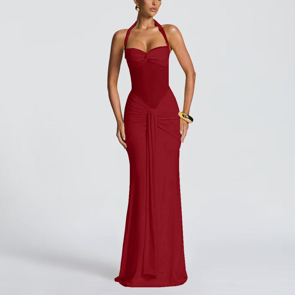 Halterneck Mesh Splicing Streamer Long Dress