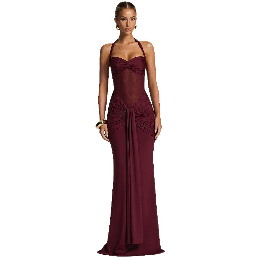 Halterneck Mesh Splicing Streamer Long Dress