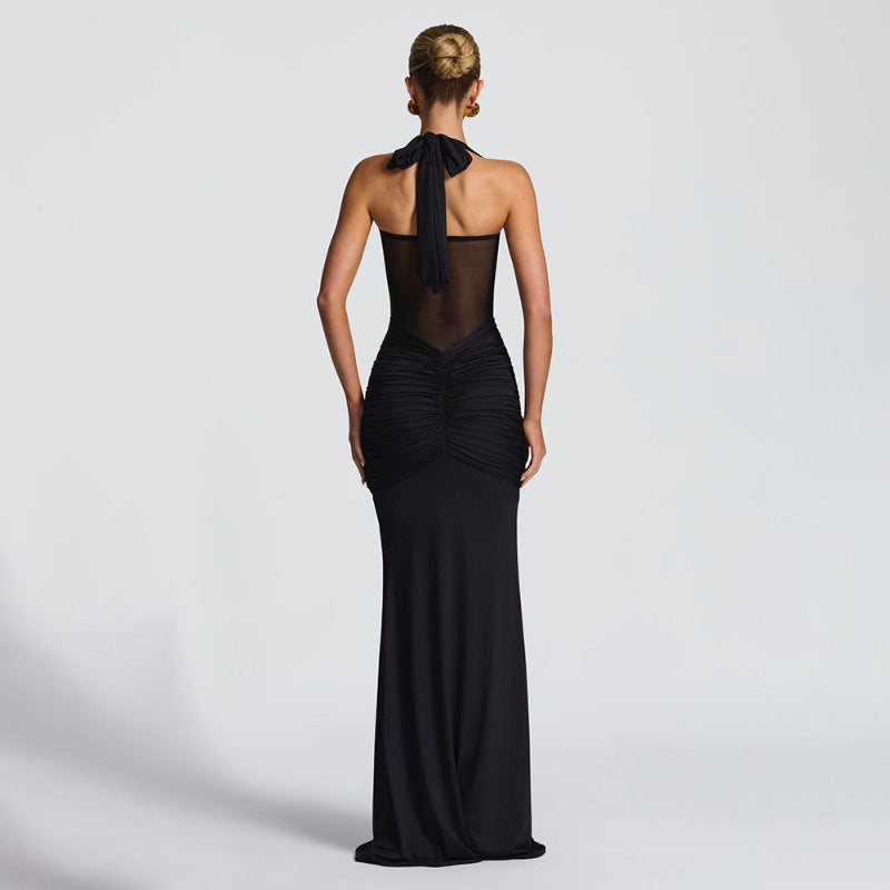 Halterneck Mesh Splicing Streamer Long Dress