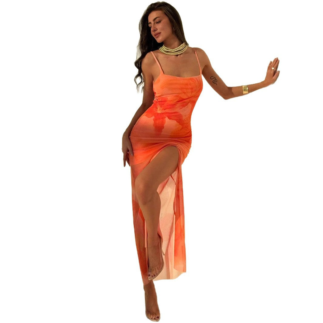 Women's Pleated Print Tulle Slip Dress
