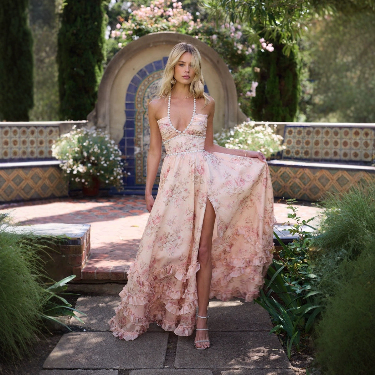 Elegant Floral Print Chiffon Dress