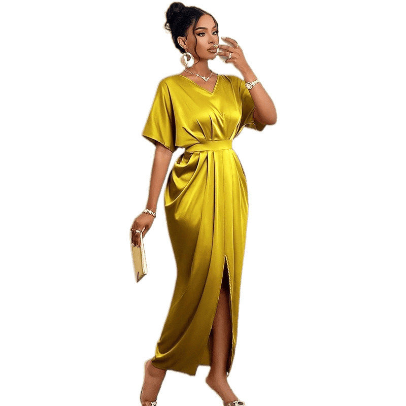 Elegant V-Neck High Waist Slit Dress