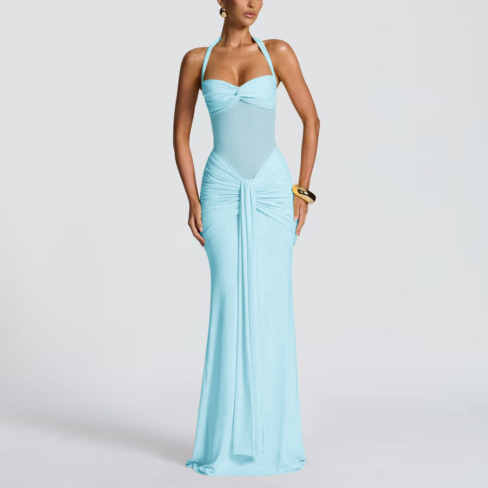 Halterneck Mesh Splicing Streamer Long Dress