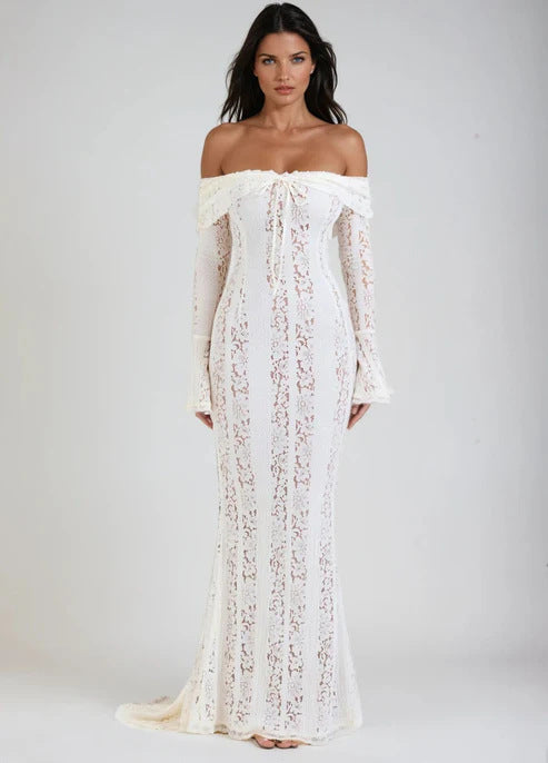 Lace Hollow One Shoulder Trumpet Sleeve Bodycon Dress