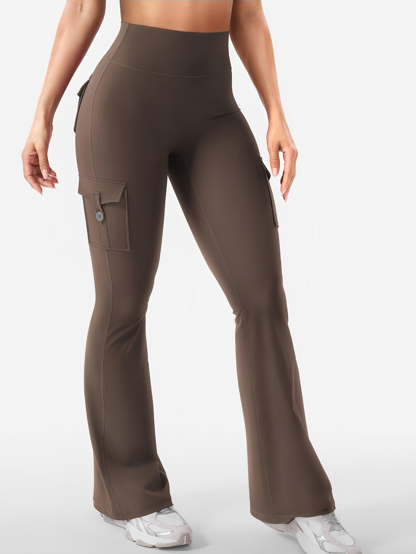 Women Cargo Pocket Flared Yoga Pants Tummy Control Fitness Leggings