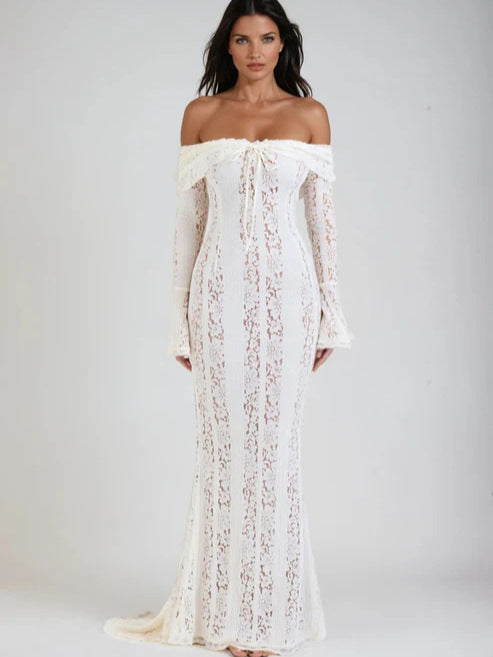 Lace Hollow One Shoulder Trumpet Sleeve Bodycon Dress